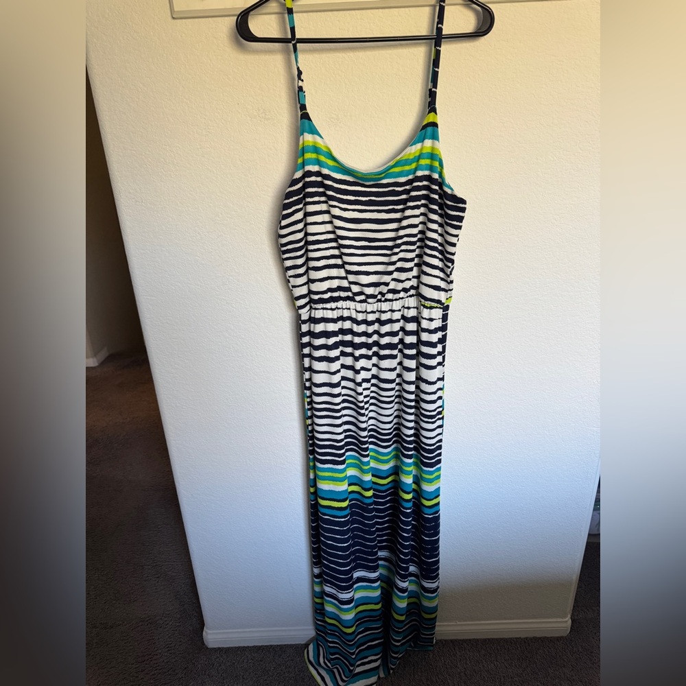BCX Vibrant Striped Dress with Blue and Lime